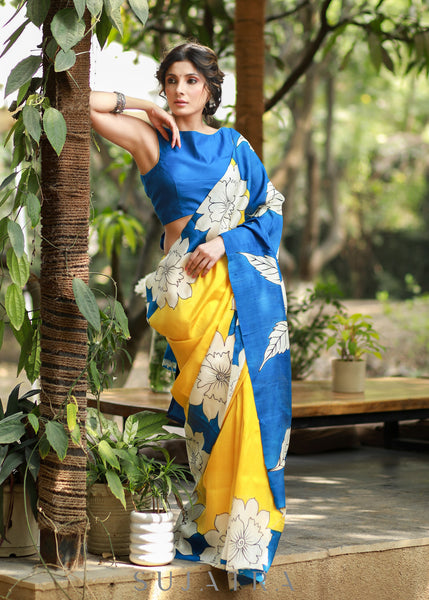 Graceful Yellow & Blue Pure Silk Handpainted Saree