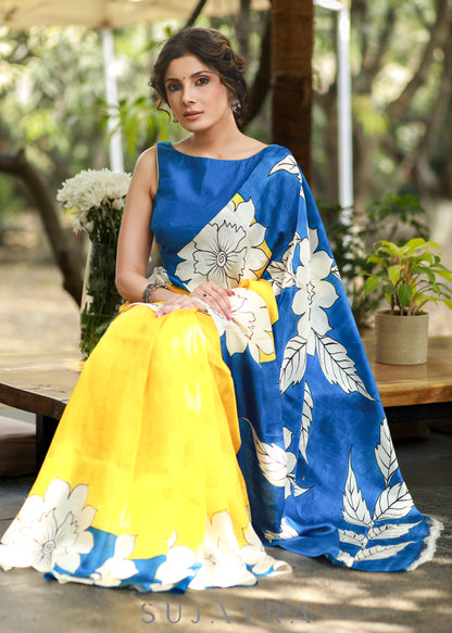 Graceful Yellow & Blue Pure Silk Handpainted Saree