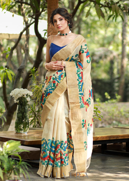 Classy Cream Pure Silk Handpianted Kalamkari Saree with Zari Border