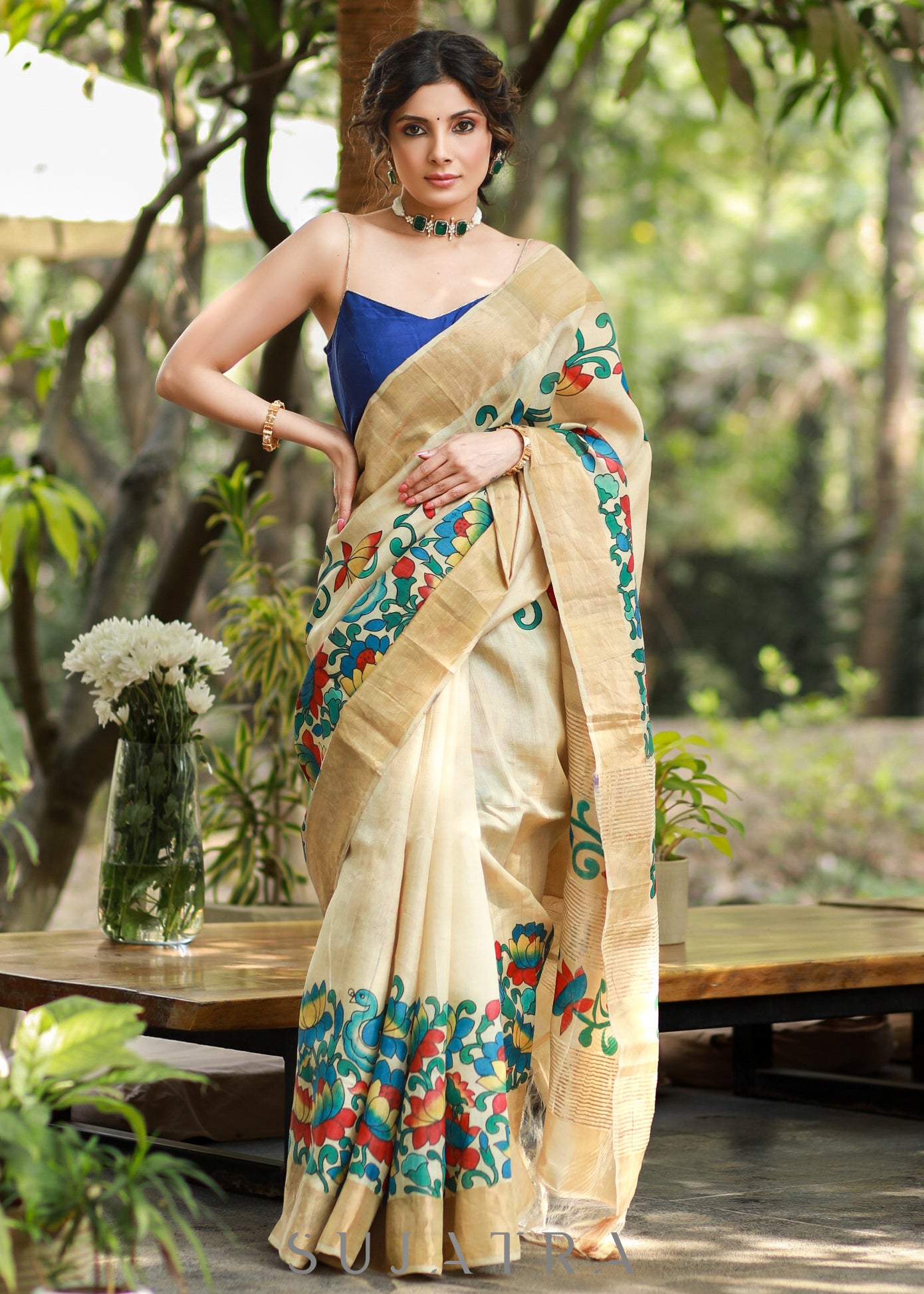 Classy Cream Pure Silk Handpianted Kalamkari Saree with Zari Border