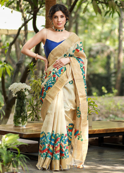 Classy Cream Pure Silk Handpianted Kalamkari Saree with Zari Border