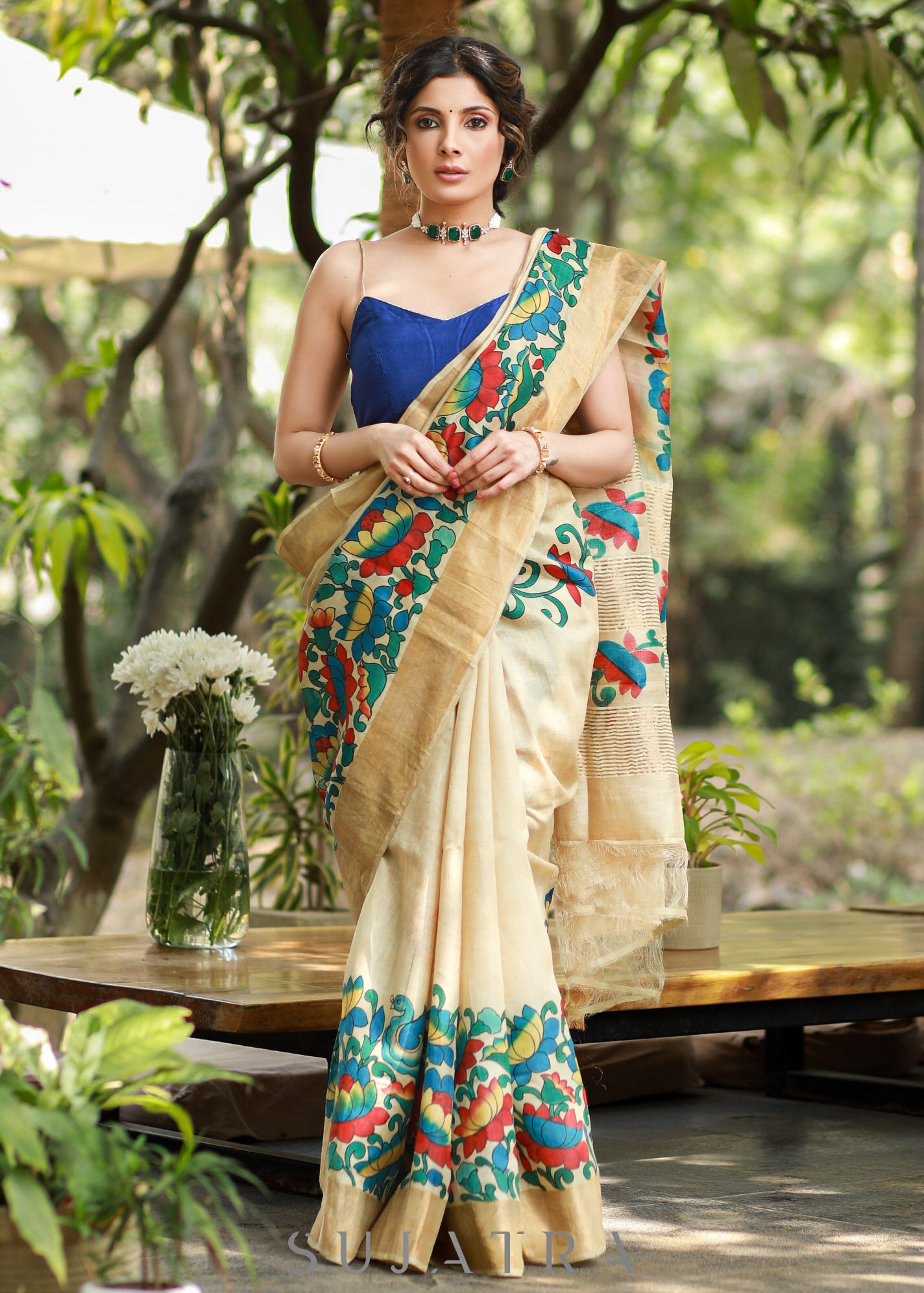 Classy Cream Pure Silk Handpianted Kalamkari Saree with Zari Border