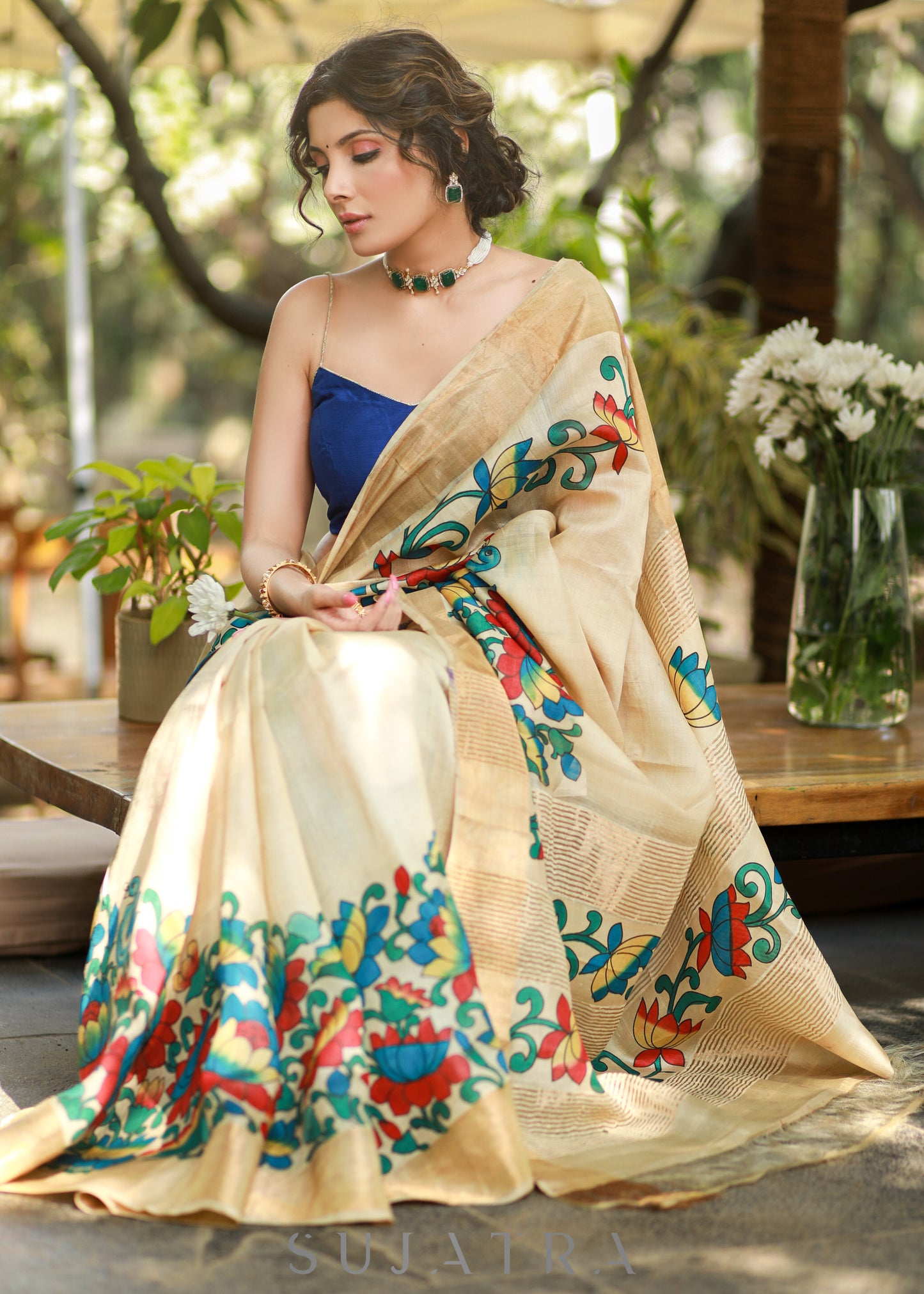 Classy Cream Pure Silk Handpianted Kalamkari Saree with Zari Border