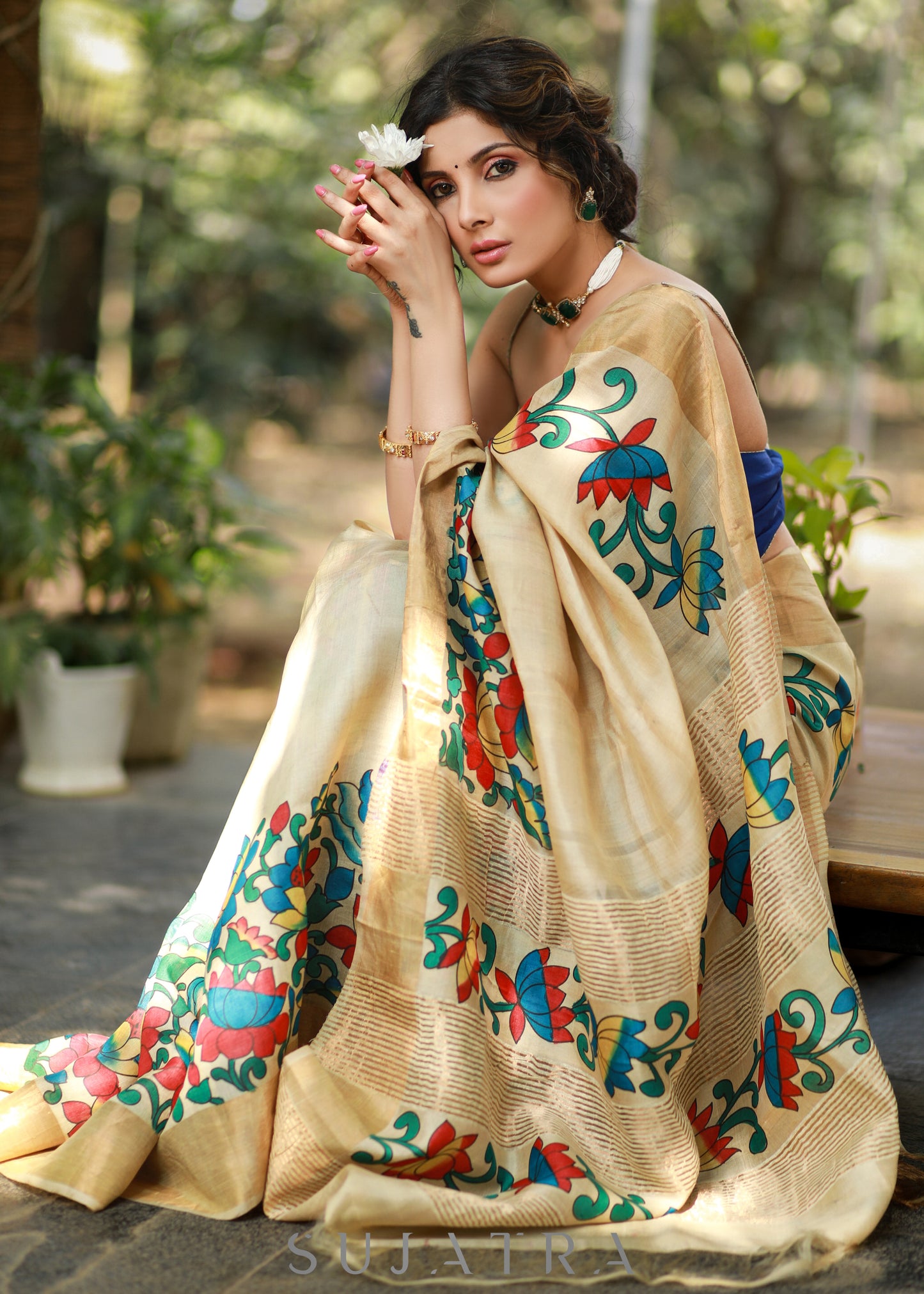 Classy Cream Pure Silk Handpianted Kalamkari Saree with Zari Border