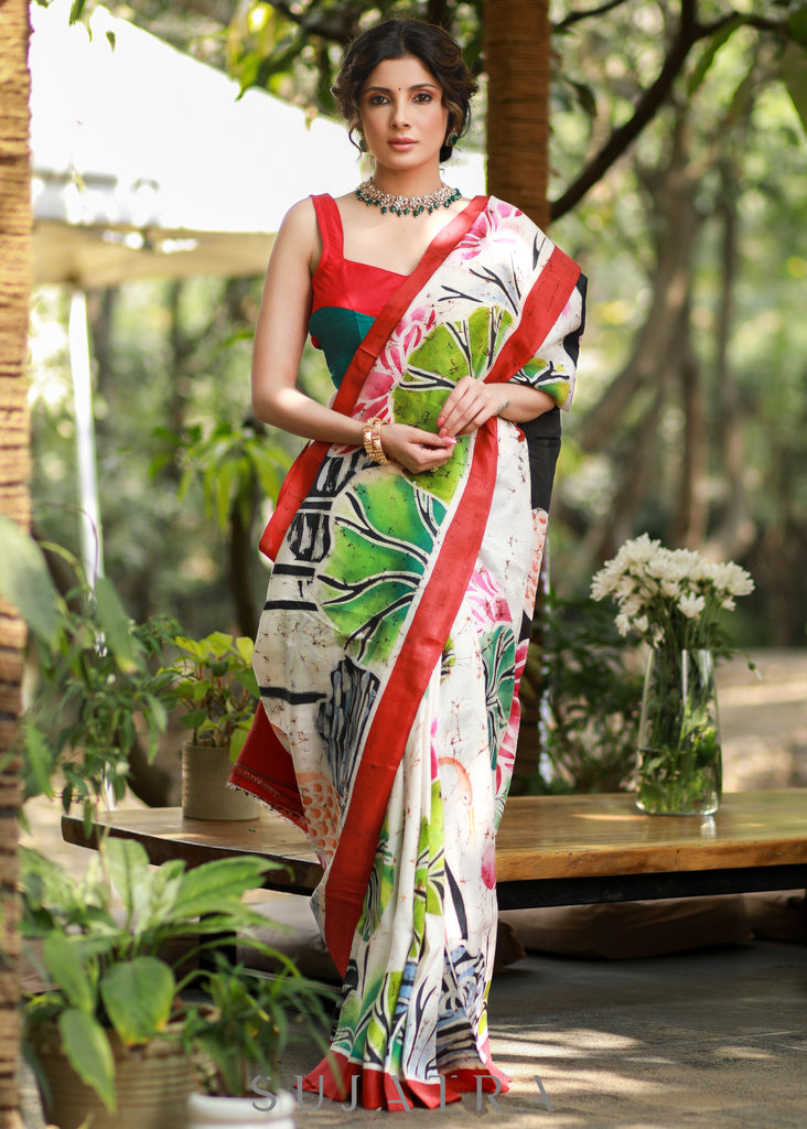Elegant Off-white Pure Silk Batik Saree with Fusion Handpainting