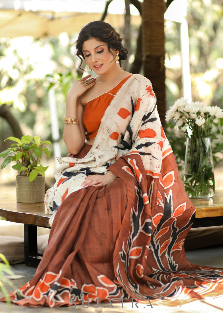 Stylish Brown & off-white Combination Hand Batik Pure Silk Saree