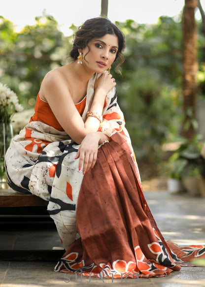 Stylish Brown & off-white Combination Hand Batik Pure Silk Saree