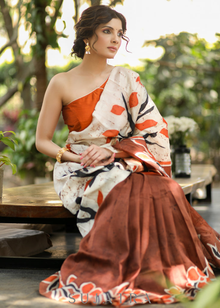 Stylish Brown & off-white Combination Hand Batik Pure Silk Saree