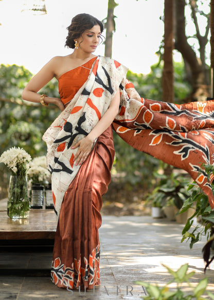 Stylish Brown & off-white Combination Hand Batik Pure Silk Saree