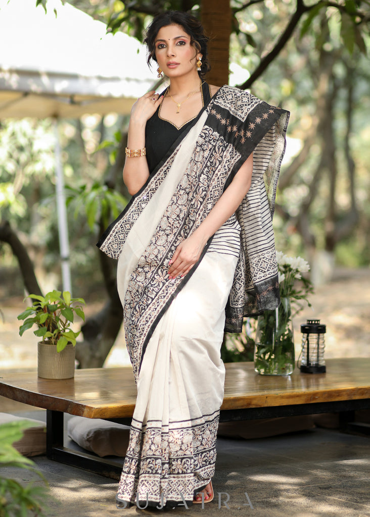 Stylish Off-white Chanderi Block Print Saree with Copper Hand work