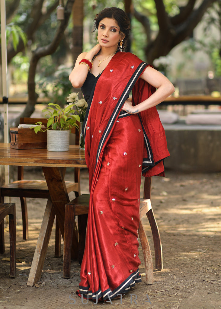 Graceful Maroon Modal Silk Saree With Tissue Pallu and Highlighted with Beautiful Handwork