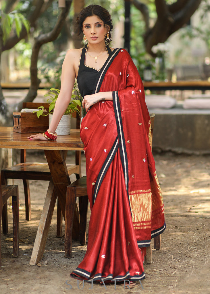 Graceful Maroon Modal Silk Saree With Tissue Pallu and Highlighted with Beautiful Handwork
