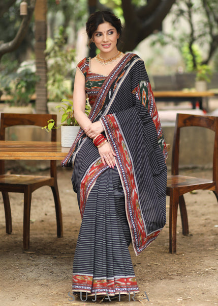 Designer Black Cotton Saree with Ikat Border and Pallu
