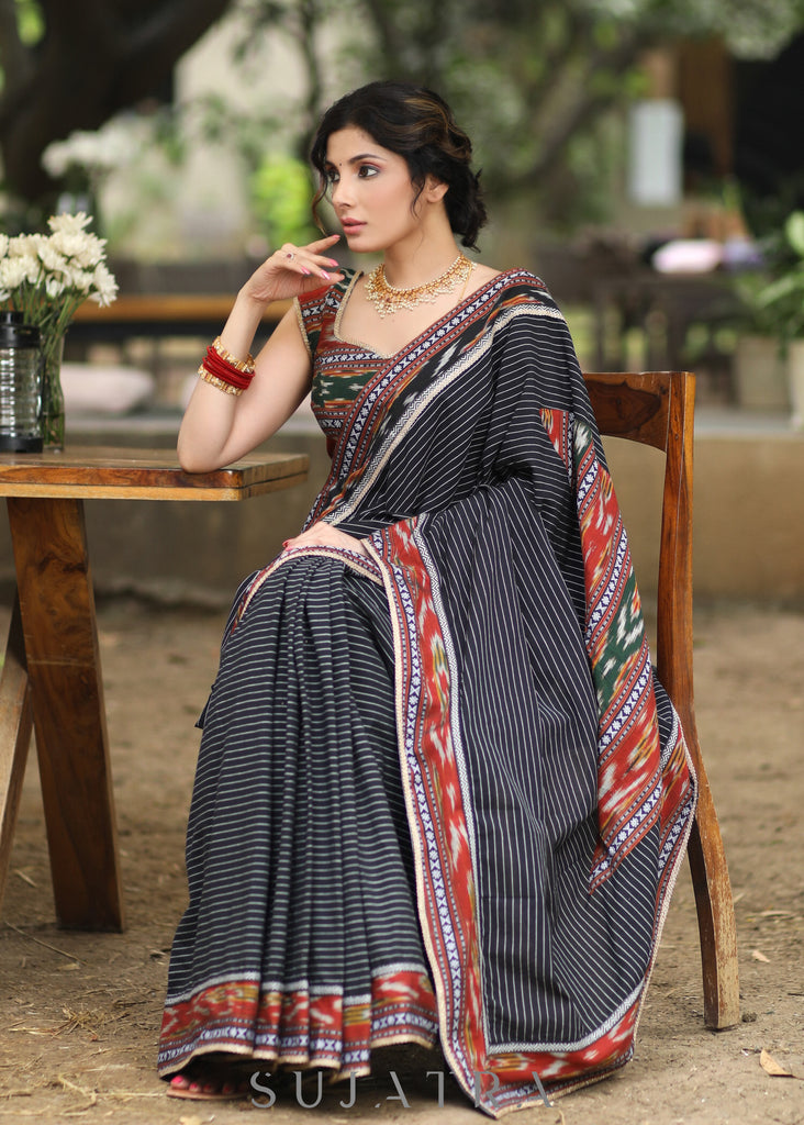 Designer Black Cotton Saree with Ikat Border and Pallu