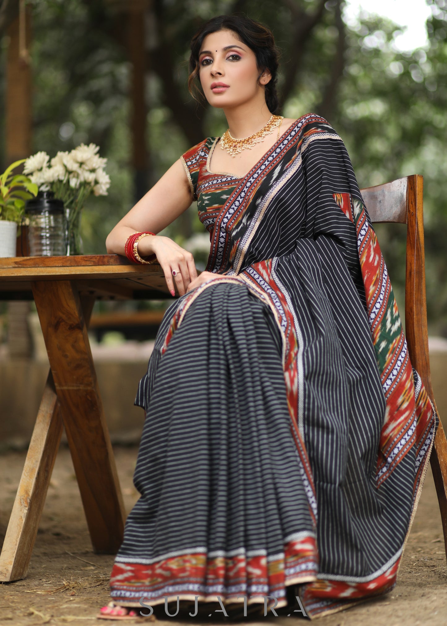 Designer Black Cotton Saree with Ikat Border and Pallu
