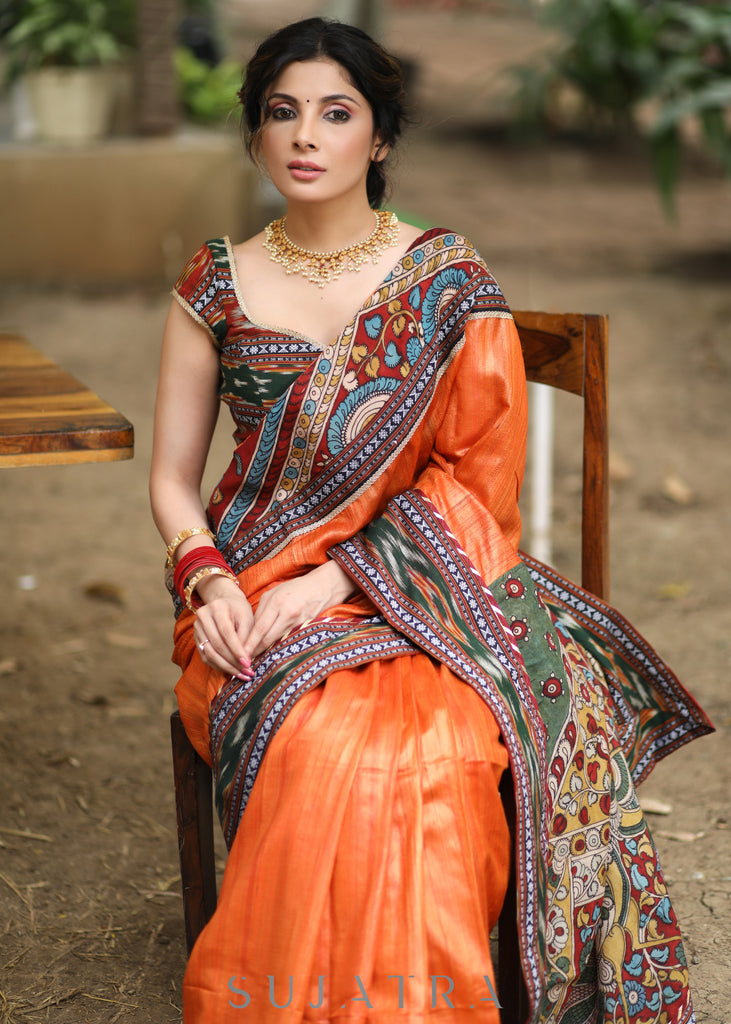 Designer Orange Pure Ghicha Silk Saree with Kalamkari Pallu & Ikat Border