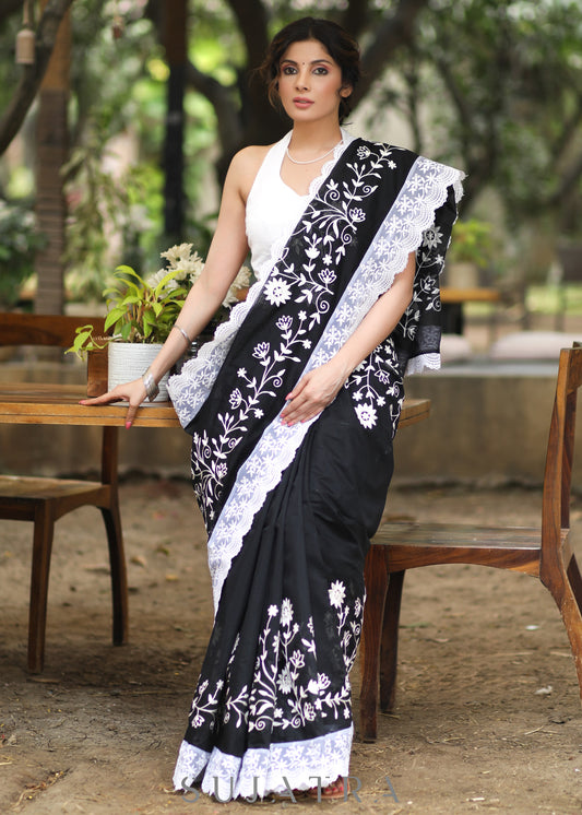 Mesmerising Black Chanderi Saree with Beautiful White Embroidery & Delicate Border