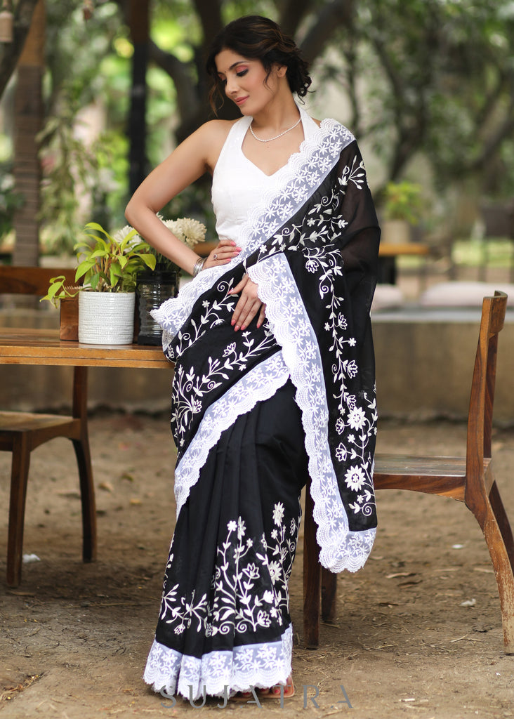 Mesmerising Black Chanderi Saree with Beautiful White Embroidery & Delicate Border