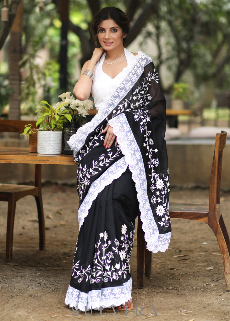 Mesmerising Black Chanderi Saree with Beautiful White Embroidery & Delicate Border
