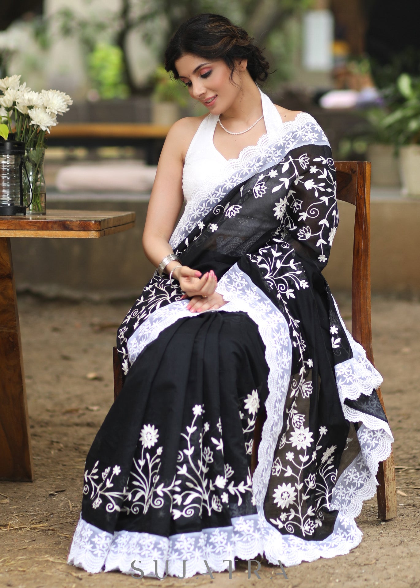 Mesmerising Black Chanderi Saree with Beautiful White Embroidery & Delicate Border