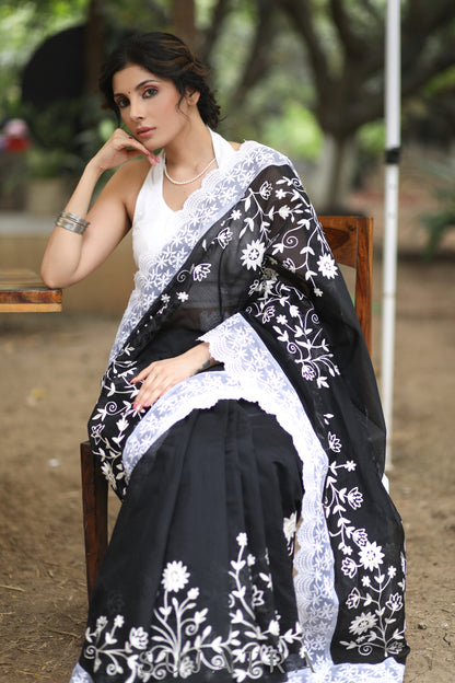 Mesmerising Black Chanderi Saree with Beautiful White Embroidery & Delicate Border