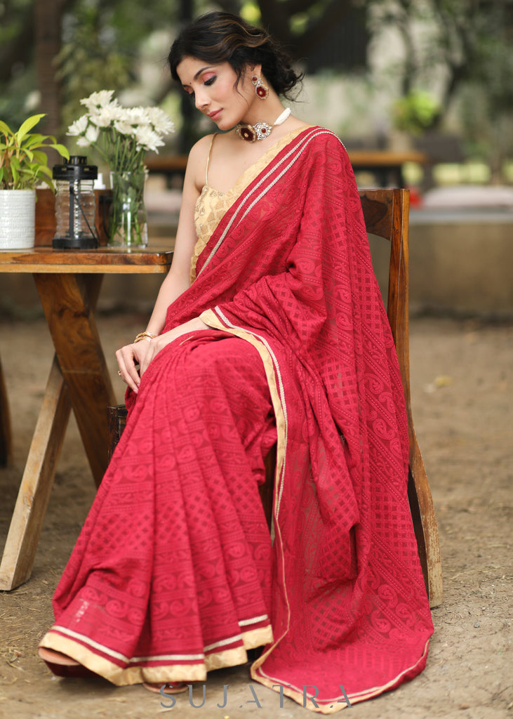 Beautiful Maroon Embroidered Georgette Saree with Golden & Lace Detailing
