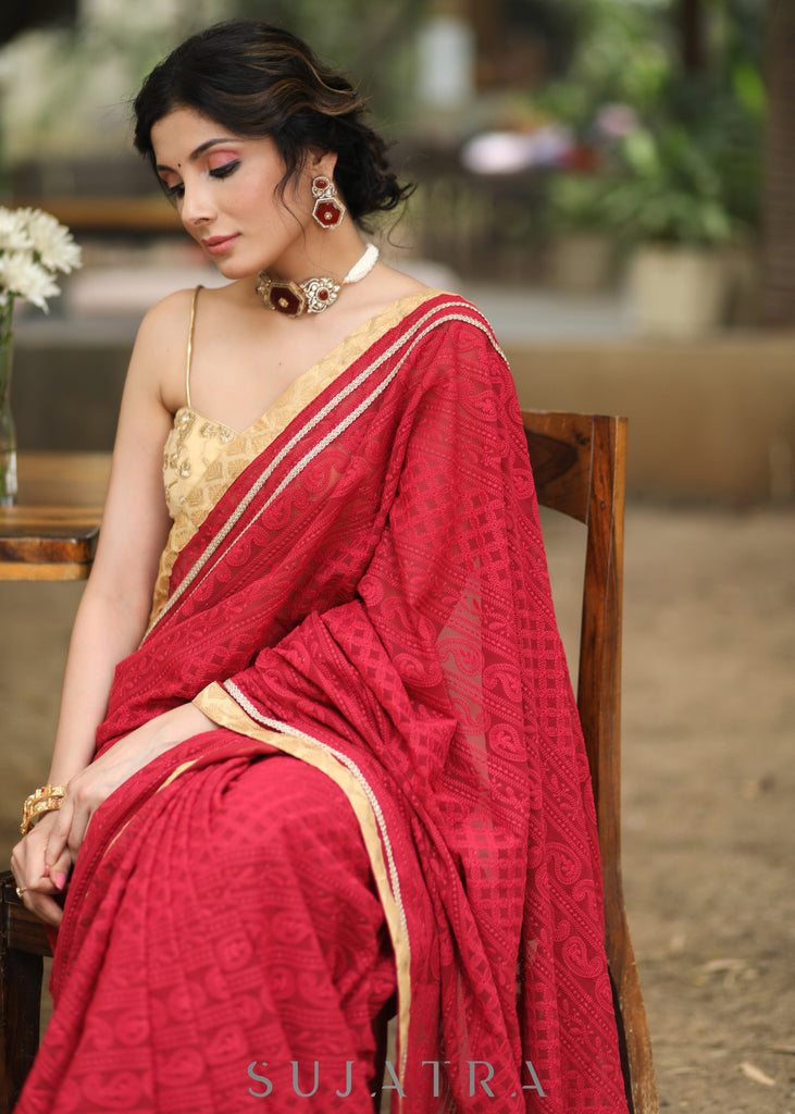 Beautiful Maroon Embroidered Georgette Saree with Golden & Lace Detailing