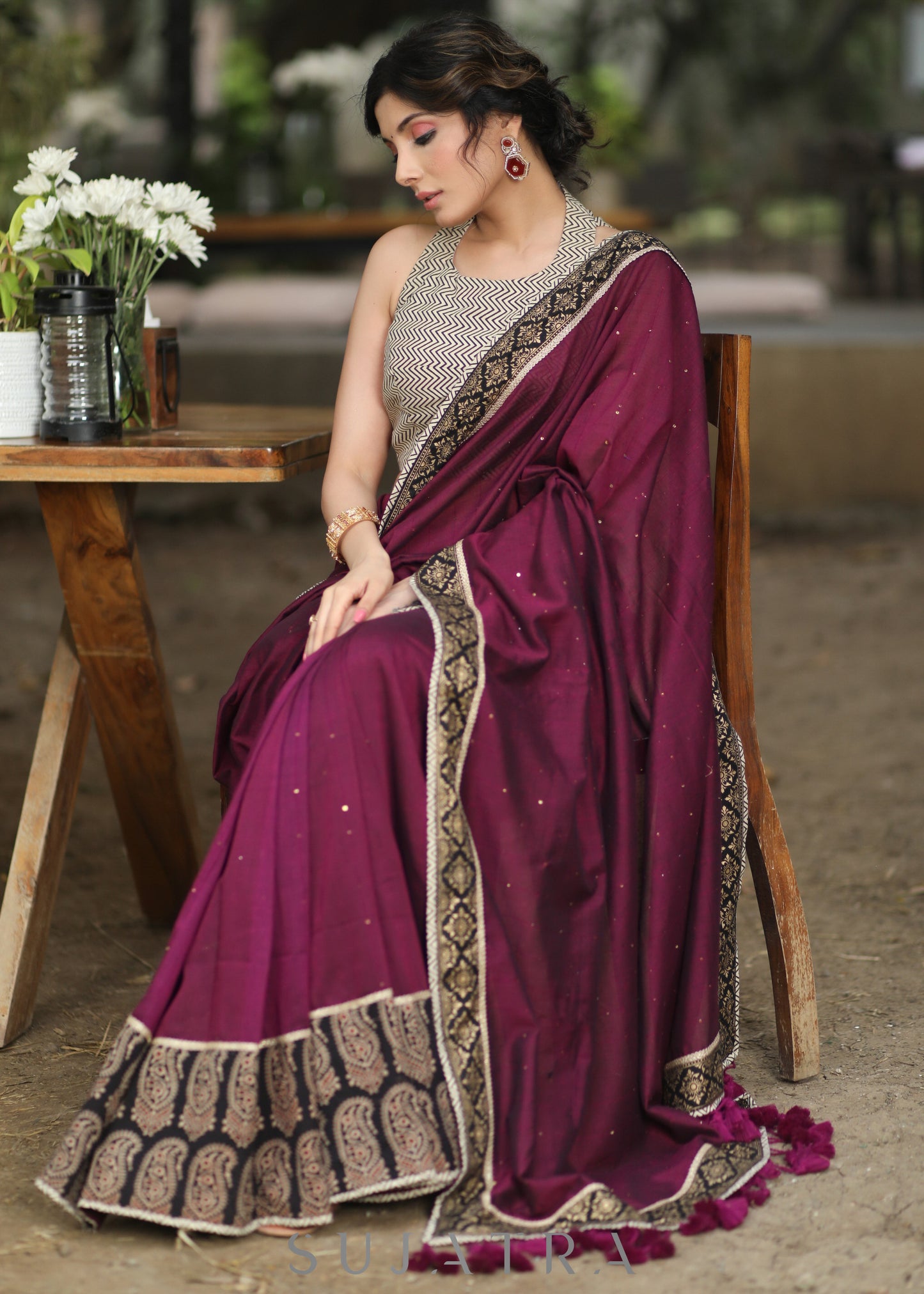 Stylish Wine Cotton Sequence Saree with Ajrakh Border