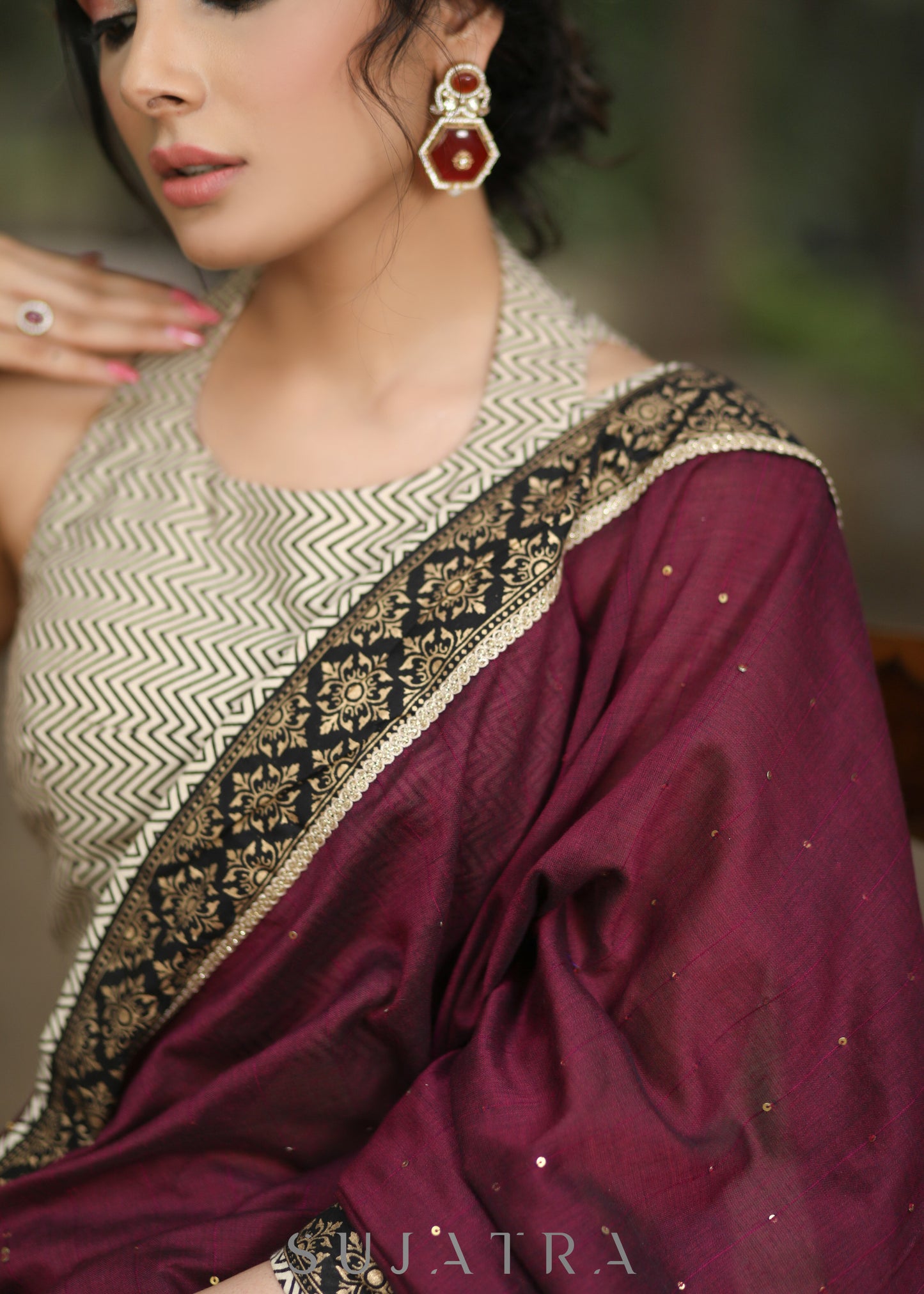 Stylish Wine Cotton Sequence Saree with Ajrakh Border