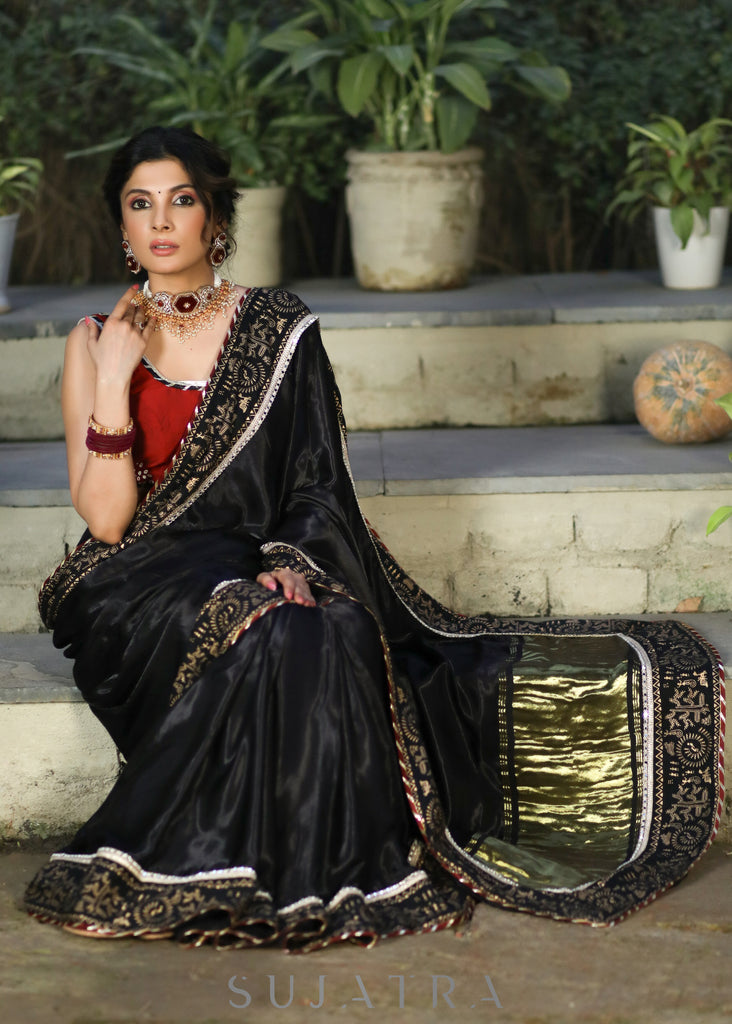 Elegant Black Modal Silk Saree with Golden Border Highlighted with Lace