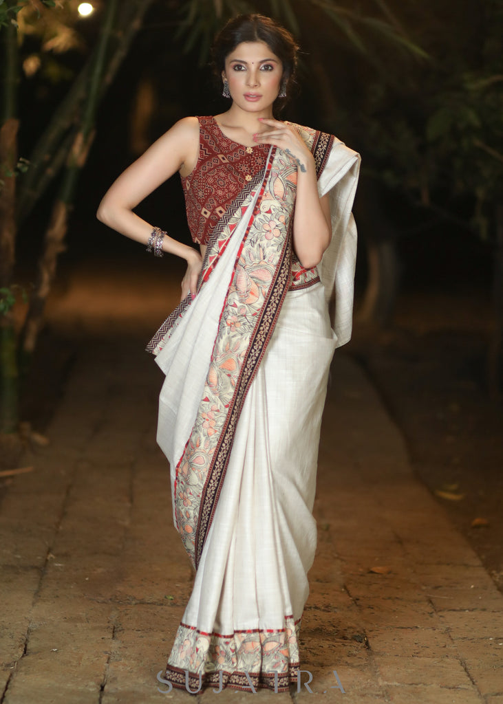 Smart Cream Cotton Blend Saree with Handpainted Madhubani Border Highlighted with Ajrakh Detailing