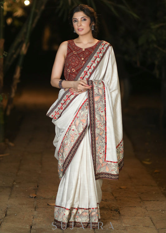 Smart Cream Cotton Blend Saree with Handpainted Madhubani Border Highlighted with Ajrakh Detailing