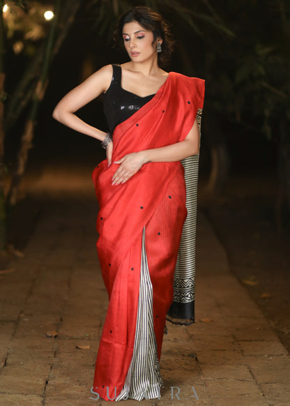 Exclusive Red Pure Silk Block printed Saree