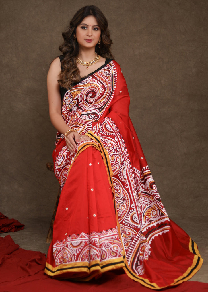 Vibrant Red Chanderi Saree with Elegant Alpana Handpainting
