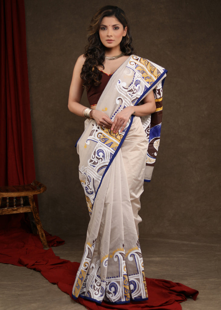 Serene Cream Chanderi Saree with Exclusive Alpana Handpainiting & Blue Border