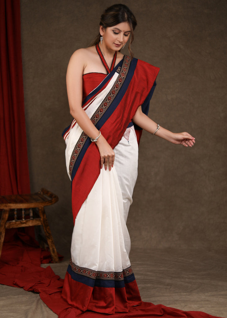 Designer White,Blue Chanderi & Cotton Silk Combination Saree Highlighted with Handpainted Temple Motif