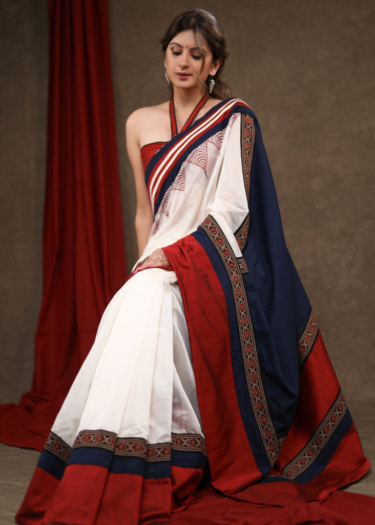 Designer White,Blue Chanderi & Cotton Silk Combination Saree Highlighted with Handpainted Temple Motif