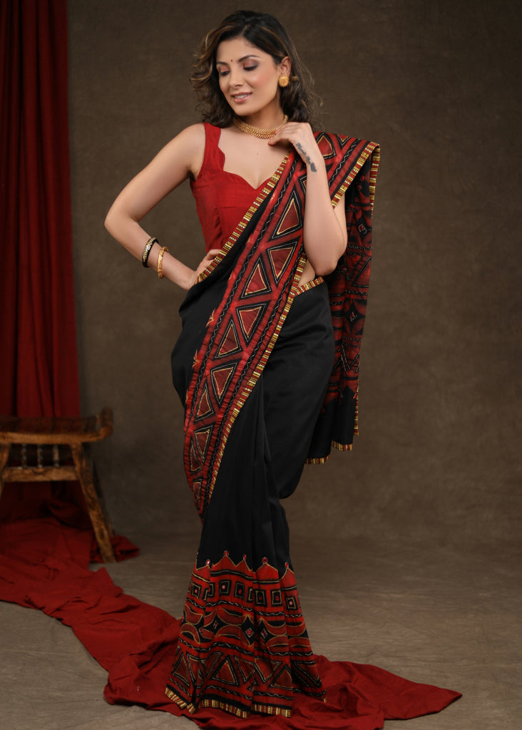 Exclusive Black Cotton Silk Hand Painted Saree Highlighted with Mirrorwork