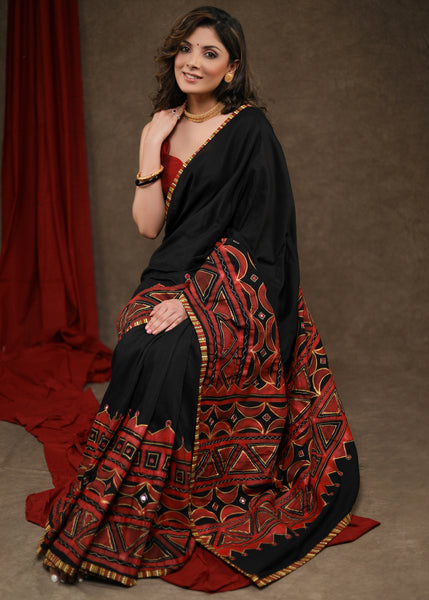 Exclusive Black Cotton Silk Hand Painted Saree Highlighted with Mirrorwork