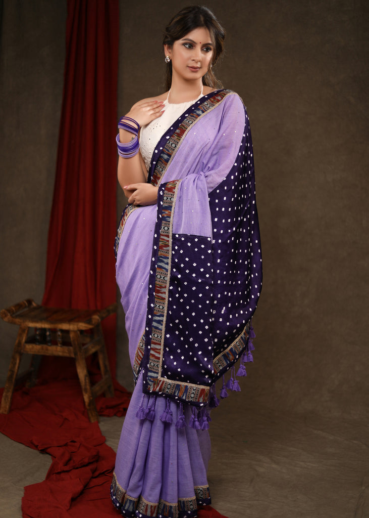 Smart Lilac Sequence Cotton Saree with Bandhani Pallu Highlighted with Ikat & Bandhani Combination Border