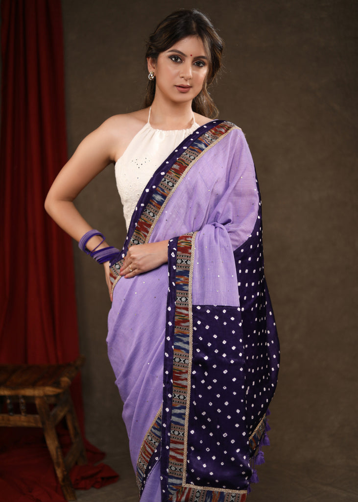 Smart Lilac Sequence Cotton Saree with Bandhani Pallu Highlighted with Ikat & Bandhani Combination Border