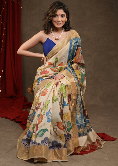 Gorgeous Pure Tussar Silk Kalamkari Design Saree with Zari Border