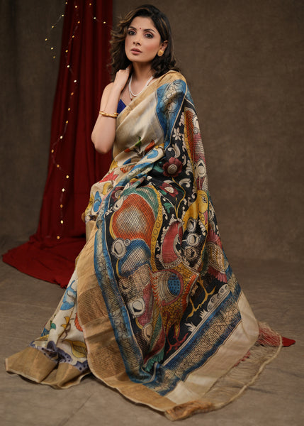 Gorgeous Pure Tussar Silk Kalamkari Design Saree with Zari Border