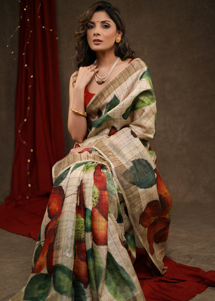 Exclusive Beige Pure Tussar Silk Hand Batik Saree with Zari