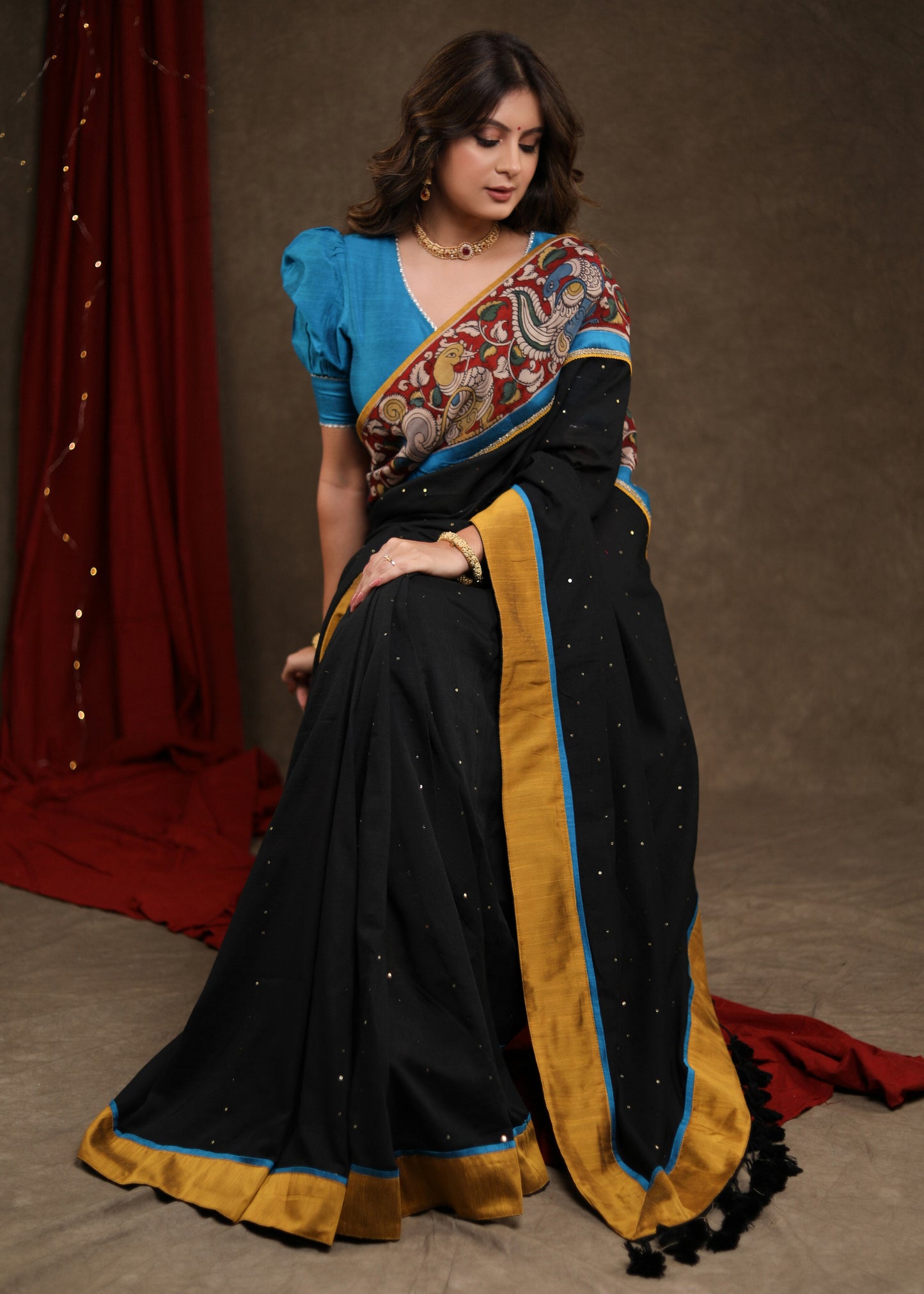 Stunning Black Sequence Cotton Saree with Handpainted Kalamkari Border