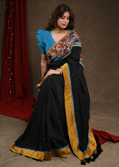Stunning Black Sequence Cotton Saree with Handpainted Kalamkari Border