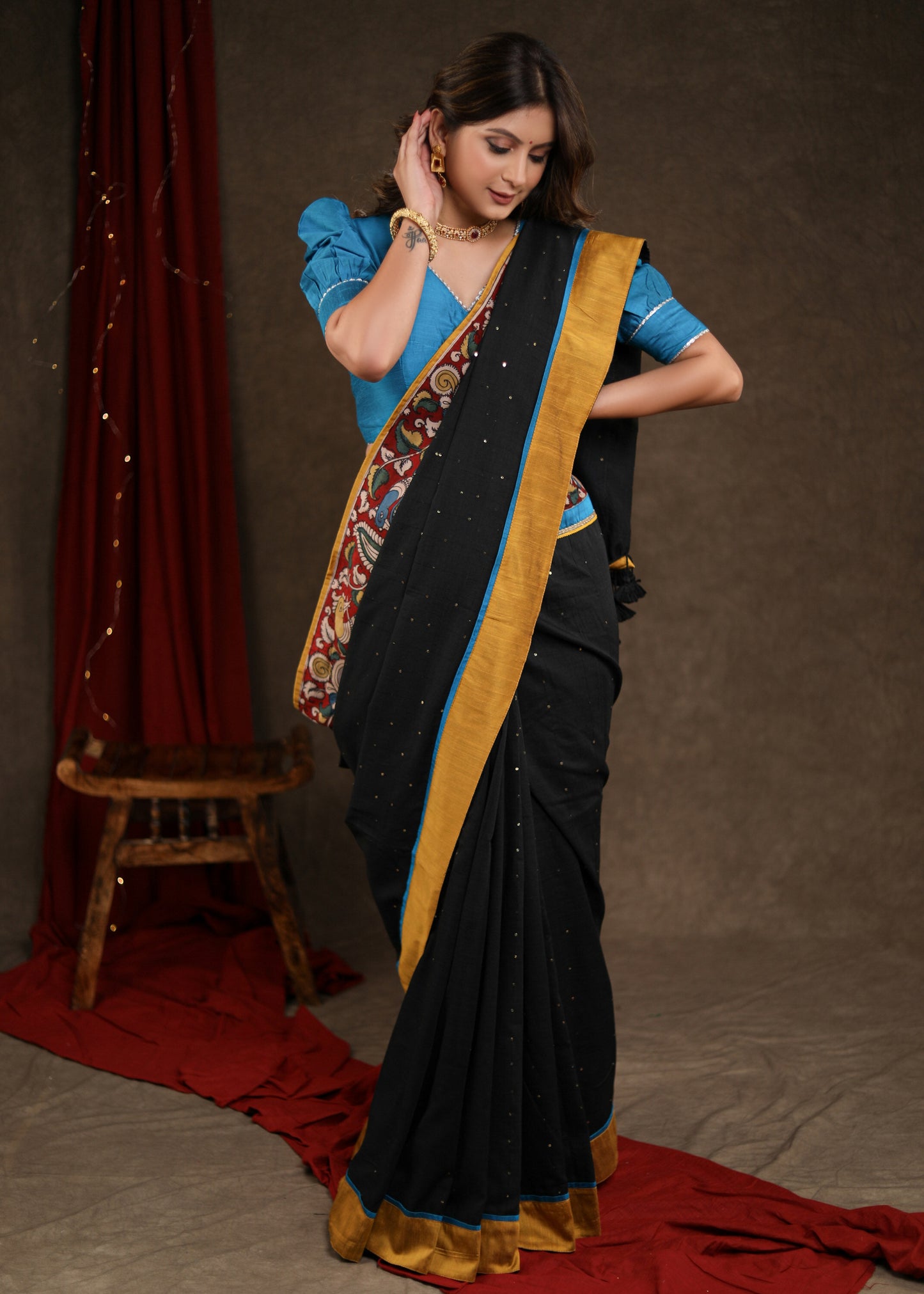 Stunning Black Sequence Cotton Saree with Handpainted Kalamkari Border