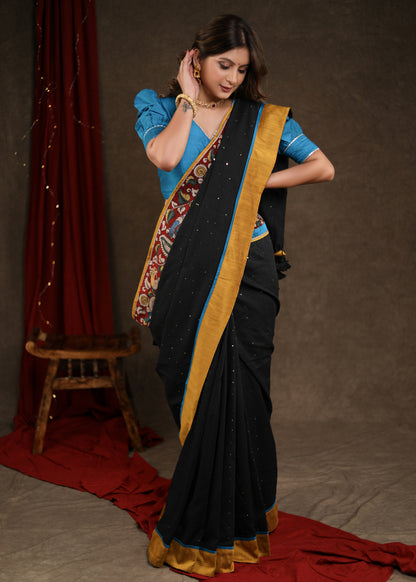 Stunning Black Sequence Cotton Saree with Handpainted Kalamkari Border