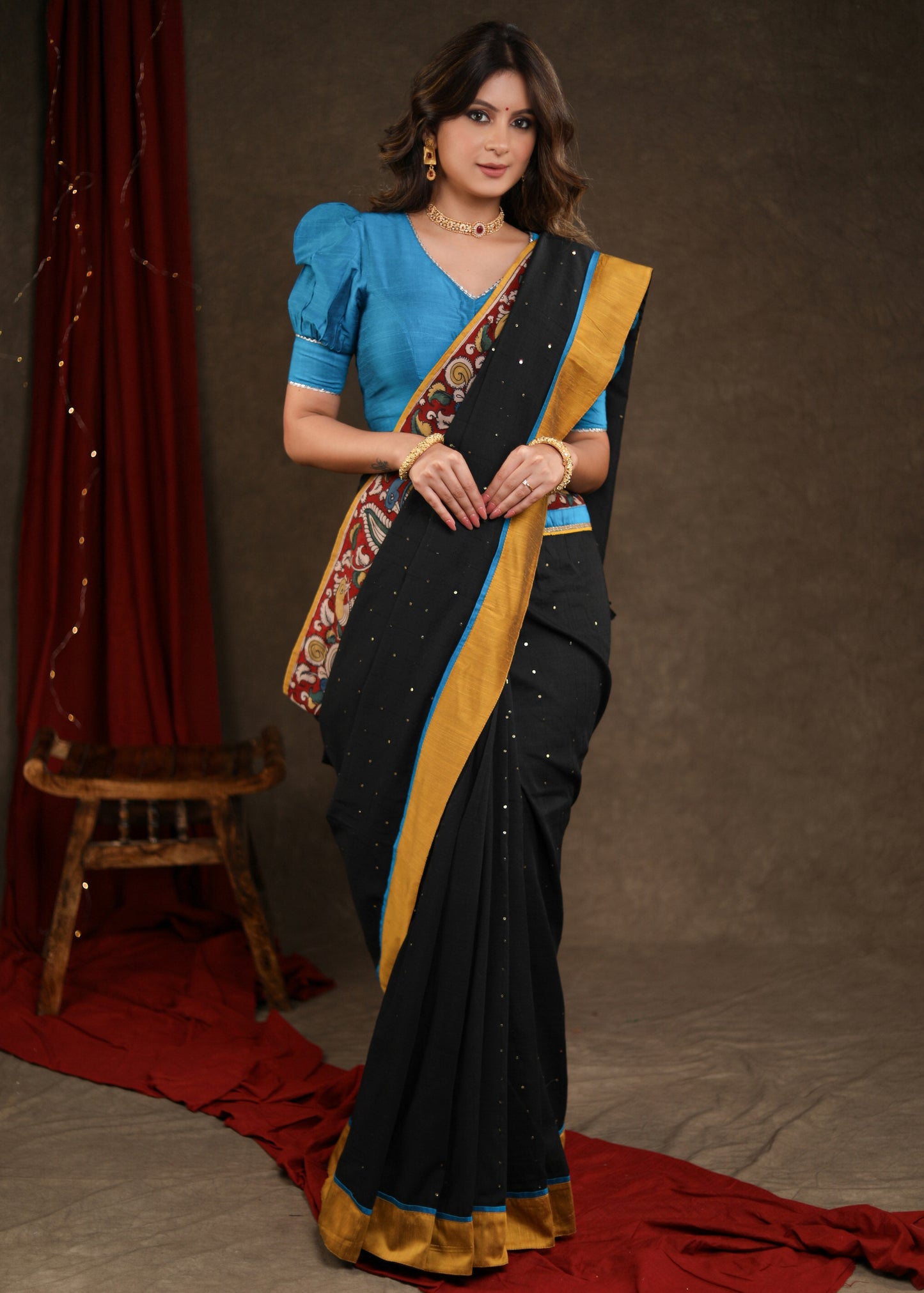 Stunning Black Sequence Cotton Saree with Handpainted Kalamkari Border