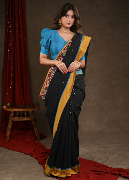 Stunning Black Sequence Cotton Saree with Handpainted Kalamkari Border